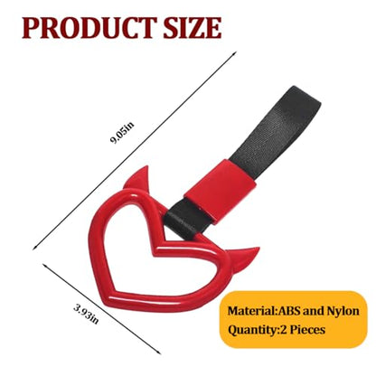 2PCS Car Devil Heart Handle Ring, Cute Heart-Shaped Vehicle Rear Bumper Waring Loops, Automotive Grab Handle Strap Drift Charm Decoration, Universal Fit (Red/Black) - color: Red/Black
