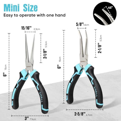 SHALL 6" Mini Needle Nose Pliers Set, 2PCS Long Nose Pliers & Bent Nose Pliers with Comfort Grip Handles, Non-Serrated Small Needle Nose Pliers for Jewelry Making, Bending Wire, Crafts, Home Repair - size: 2PCS 6"