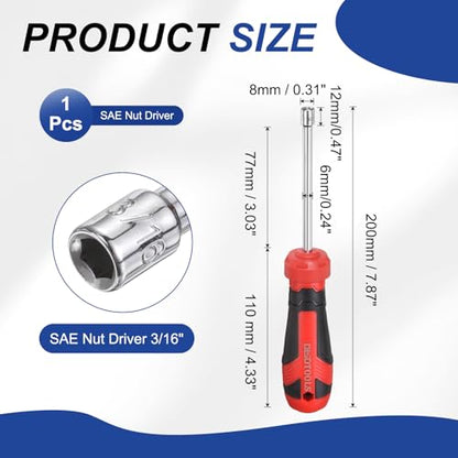 HARFINGTON SAE Nut Driver 3/16" CR-V Non-Magnetic Tip Hollow Shafts Hex Socket Screwdriver with Anti-Slip Handle for Automobile Repair Bit Driver - size: 3/16"