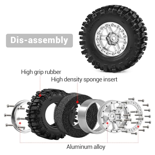 1.3" Wheel Tires Aluminum Wheel for 1/18 1/24 SCX24 TRX4M Upgrade RC Crawler Car (silvery) - color: silvery-2
