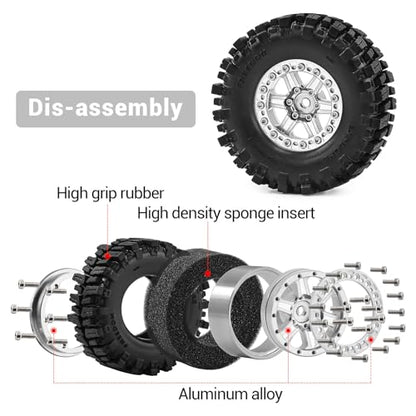 1.3" Wheel Tires Aluminum Wheel for 1/18 1/24 SCX24 TRX4M Upgrade RC Crawler Car (silvery) - color: silvery-2