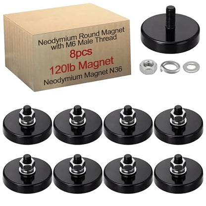 Flutesan 8 Pieces Heavy Duty Round Mounting Magnet with Bolt 1.42in-120lb-m6 Black with Male Thread Stud Strong Earth Magnet Super Powerful for Lighting Camera Brackets License Plate - color: Black, size: 1.42in-120lb-m6