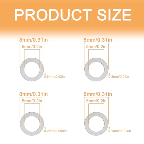 M5x8mm Precision Shim Washers for Robotics, 48pcs 304 Stainless Steel | 0.1, 0.2, 0.3 and 0.5mm, 12 pcs each, thin spacers for M5 bolts, electronics, mechanical DIY and robotics assembly - size: M5X8