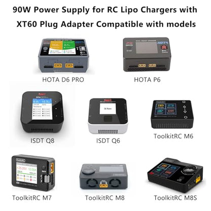 KFD 19V 90W XT60 Power Supply RC LiPo Battery Charger Balance Charger AC/DC Power Adapter with XT60 Plug Compatible with ISDT, GT Power, SKYRC, Hota RC and Any RC Charger with XT60 Input