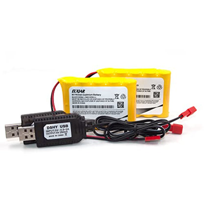 (2-Pack) 6V 800mAh Ni-Cd Battery for Huina 540, 520, 510 RC Vehicles | AA battery packs with red JST plug; includes 2 USB charging cables for compatible RC construction vehicles.