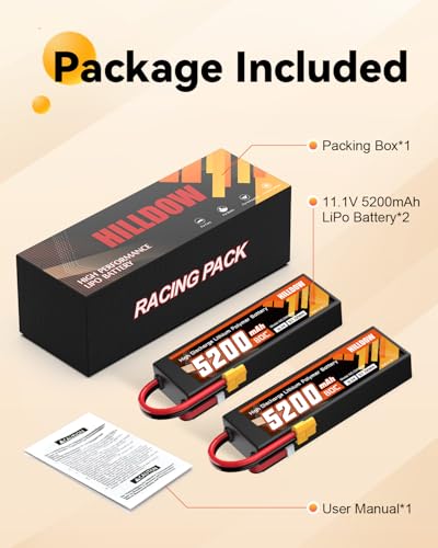 Hilldow 5200mAh 11.1V Lipo Battery 3S 80C 11.1V RC Battery Hard Case with XT60 Connector for RC Vehicles RC Car Trucks (2 Packs) - color: 2PCS