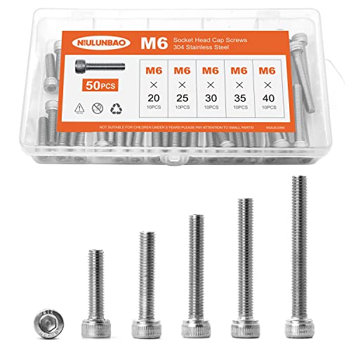 M6 x 20mm 25mm 30mm 35mm 40mm Hex Socket Head Cap Screws Bolts 304 Stainless Steel Metric Machine Allen Hex Drive, Fully Threaded, Assortment Kit 50PCS - size: M6 x 20/25/30/35/40mm (50PCS)