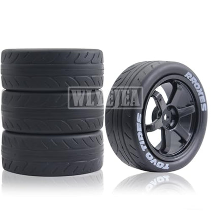 1/10 RC On-Road Tires 4PCS 5 Spoke 12mm Hex RC Wheels and Tires Compatible for 1/10 On-Road Touring Car Traxxas Tamiya tt01 tt02 HSP HPI Kyosho - color: Black