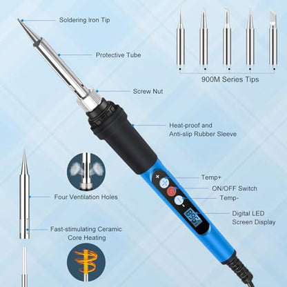 Soldering Iron Kit,90W 110V Fast Heat with Ceramic Heater Solder Pen | 10 in 1 Soldering Gun Kit with LCD Digital, Adjustable Temp, Auto Sleep Mode for Metal, Electric Repairs, DIY Welding Tool - color: Blue