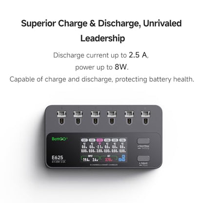 ISDT E625 6-Channel 1S LiHV/LiPo Battery IPS Screen Smart Charger/Discharger, Type-C/XT60 PD Powered with BT2.0/PH2.0 Ports, Features 4.35V 2.5A Fast Charging for Tiny Whoop FPV Drones RC Batteries