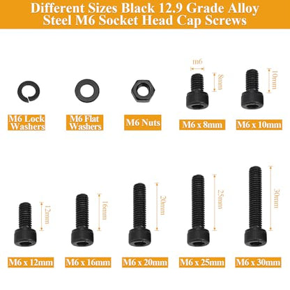129 Pieces M6 Screws Nuts Washers Set Black, Sutemribor M6 x 8/10/12/16/20/25/30mm Hex Socket Head Cap Screws Nuts Washers Assortment Kit, 12.9 Grade Alloy Steel, Fully Threaded - size: M6, style: Socket Head