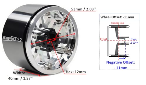 2.2 Beadlock Wheels 4-Pack For 1/10 RC Crawler SCX10 TRX4 Capra | -11mm negative offset,40mm wide aluminum wheel silver color rims with 12mm hex hub,for 1/10 RC crawler vehicles Upgrades - color: Silver