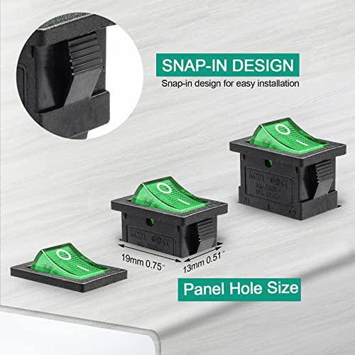 5 Pack KCD1 SPST On/Off Green LED Boat Rocker Toggle Switch | 3-Pin 2-Position Snap In, Only for DC 12V-24V 20A - color: Green, size: DC 12V-24V 20A - Not Pre-Wired