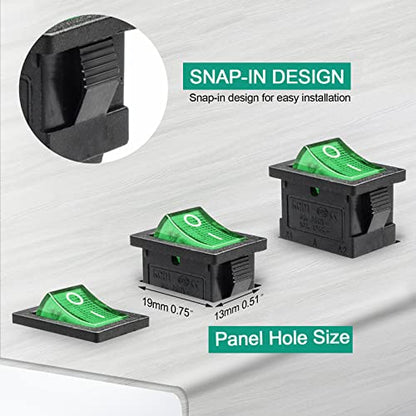 5 Pack KCD1 SPST On/Off Green LED Boat Rocker Toggle Switch | 3-Pin 2-Position Snap In, Only for DC 12V-24V 20A - color: Green, size: DC 12V-24V 20A - Not Pre-Wired