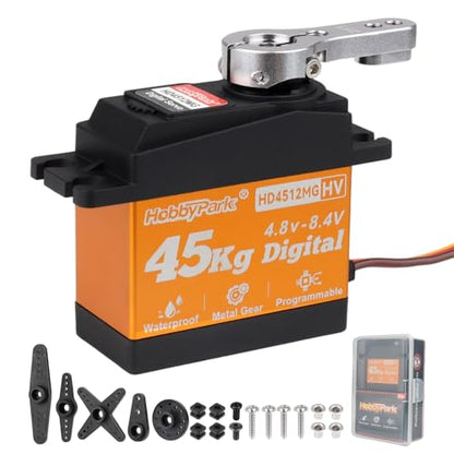 HobbyPark Waterproof High Torque RC Steering Servo 45kg Standard Size HV All Metal Gears 4.8-8.4V for RC Crawler Car Truck Buggy Control Angle 180° Robotic Programmable