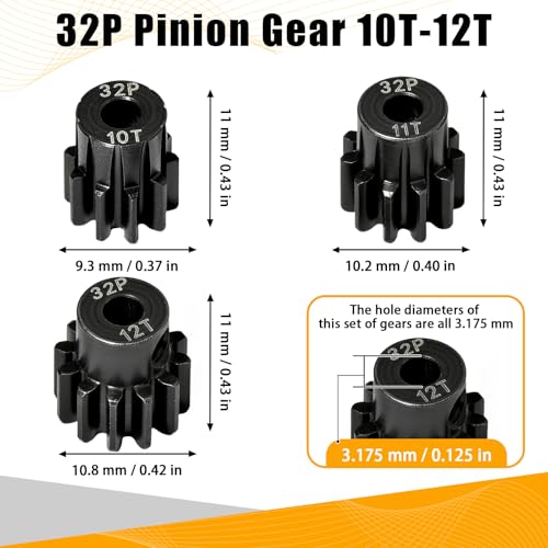 3PCS 32P Pinion Gear #45 Hardened Steel 3.175mm - 10T 11T 12T 0.8M Motor Pinion Gear Set for 1/10 RC Car, Compatible with Traxxas Arrma Tamiya Losi Brushless Brushed Motor Upgrade Parts - size: 10 11 12T