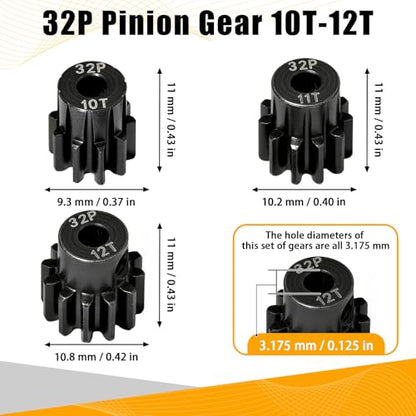 3PCS 32P Pinion Gear #45 Hardened Steel 3.175mm - 10T 11T 12T 0.8M Motor Pinion Gear Set for 1/10 RC Car, Compatible with Traxxas Arrma Tamiya Losi Brushless Brushed Motor Upgrade Parts - size: 10 11 12T