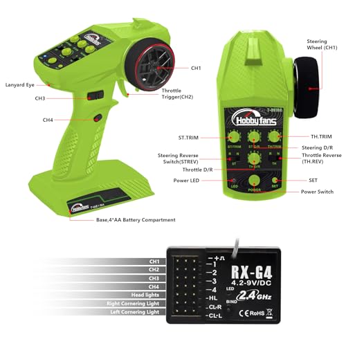 RC Radio System 4CH 2.4G RC Transmitter with Receiver and Lanyard Anti-Jamming Remote Controller for RC Car Crawler Boat, Green & Black - color: Green & Black