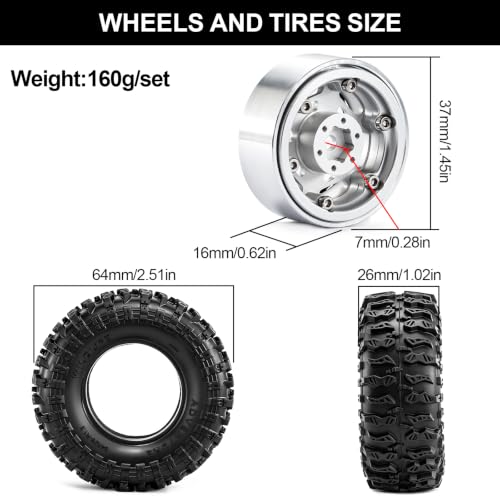 1.3" Beadlock Wheels and Tires for SCX24 TRX4M 1/18 1/24 RC Crawlers – Aluminum Rims, Rubber Tires with Foam Inserts, Easy-Install Upgrade Parts (Silver) - color: Silver 311