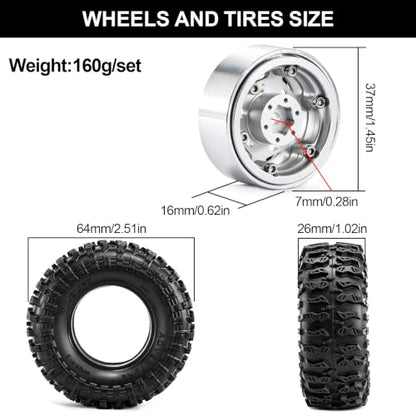 1.3" Beadlock Wheels and Tires for SCX24 TRX4M 1/18 1/24 RC Crawlers – Aluminum Rims, Rubber Tires with Foam Inserts, Easy-Install Upgrade Parts (Silver) - color: Silver 311