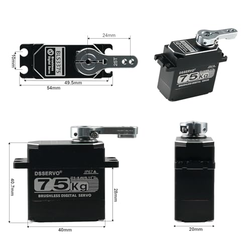 BLS3375 75kg Metal Gear Digital Servo Brushless Motor 4.8-8.4V RC Servo All Aluminum Case Waterproof IP67 with 25T Metal Servo Arm for RC Car Robot