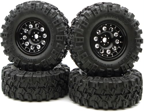 Rc 1.0 Beadlock Wheel Tires Set -2mm Offset Wheel Rims for 1/18 1/24 RC Crawler Car Axial SCX24 AX24 TRX4M FCX24 Upgrade TW1002 (Black) - color: Black
