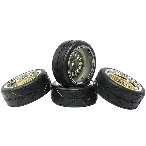4PCS 64mm RC Rubber Tires and Plastic Plating Wheel Rims Set Replacement Part 12mm Hex for 1/10 RC On Road Run-flating Touring Racing Drift Car Tyre(Gold Silver,Offset:3mm) - color: Gold Silver, size: Offset:3mm