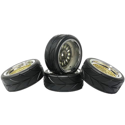 4PCS 64mm RC Rubber Tires and Plastic Plating Wheel Rims Set Replacement Part 12mm Hex for 1/10 RC On Road Run-flating Touring Racing Drift Car Tyre(Gold Silver,Offset:3mm) - color: Gold Silver, size: Offset:3mm