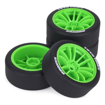 1/10 RC Drift Wheels and Tires Set, 12 Spoke On-Road Touring Car Wheel Tire Combo, 12mm Hex Drift Tires for RC Drift Car, 4PCS (Green) - color: Green