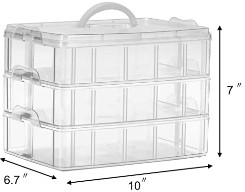 Sooyee 3-Tier Stackable Craft Organizers and Storage Box, Clear | 30 Compartments, Bead Organizer, Plastic Storage Box for Toys, Dolls, Arts and Craft, Washi Tape, Rock Collection, Ribbons - size: 3-Tier