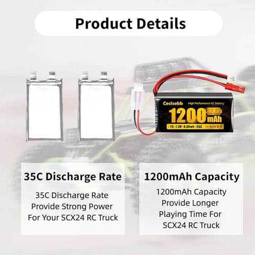 SCX24 Lipo Battery 2S 35C 7.4V 1200mAh Lipo with PH2.0 & JST Plug for WLtoys A949 A959 A969 A979 K929 RC Truck and 1/10 1/16 1/18 1/24 RC Cars RC Batteries with Charger
