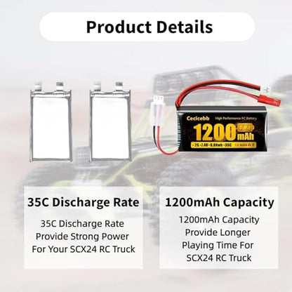 SCX24 Lipo Battery 2S 35C 7.4V 1200mAh Lipo with PH2.0 & JST Plug for WLtoys A949 A959 A969 A979 K929 RC Truck and 1/10 1/16 1/18 1/24 RC Cars RC Batteries with Charger