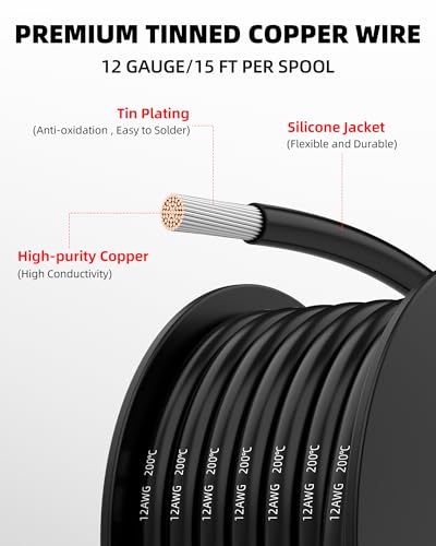 NAOEVO 12 Gauge Wire, Tinned Copper Silicone 12 AWG Automotive Wire, 90FT | 200°C, High Conductivity, Flexible 12 AWG Stranded Wire, 12 AWG Wire for Automotive, LED, DIY, Circuit (6 Colors 15ft/Spool) - size: 15ft, style: 12AWG