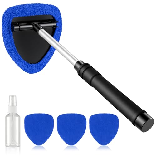 JUSTTOP Windshield Cleaner Tool, Car Interior&Exterior Window Cleaning Tool with Extendable Handle & 4 Reusable Microfiber Pads, Auto Glass Wiper Brush Kit for Cars (Blue) - color: Blue