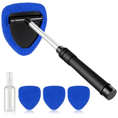 JUSTTOP Windshield Cleaner Tool, Car Interior&Exterior Window Cleaning Tool with Extendable Handle & 4 Reusable Microfiber Pads, Auto Glass Wiper Brush Kit for Cars (Blue) - color: Blue