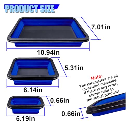 3PCS Collapsible Magnetic Parts Tray Set, Silicone Heavy-Duty Tool Tray with Strong Magnetic Base, Foldable Auto Organizer for Bolts, Nuts, Washers & Other Small Metal Parts (Blue)