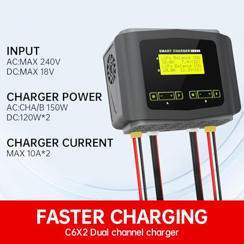 LiPo Battery Charger Dual RC Charger Discharger 10A Fast Balance Battery Charger for 1-6S LiPo LiHV Li-ion Life 1-15S NiMH NiCD PB Smart Battery RC Car Drone, Large Screen