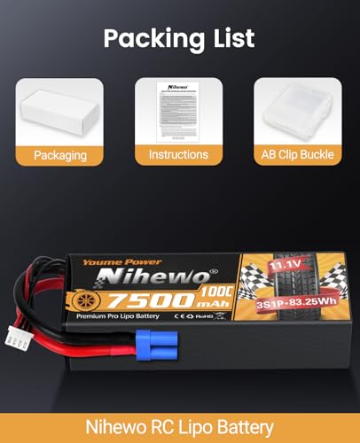 3S Lipo Battery 7500mAh 11.1V 100C Hardcase EC5 for RC Car Boat 2pcs | 11.1V RC Battery Hard Case Protects Cells from Impacts, 7500mAh Extended Runtime, for 1/7 1/8 RC Car Truck Truggy Boat Drone - style: 2x 11.1V 7500mAh