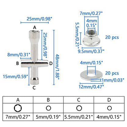 M4 Lock Nuts & Washers for RC Vehicles, Silver | 20 Pairs, Serrated Flange Nylon Insert, Cross Socket Wrench Included, For 1/10 Traxxas Axial HPI Redcat HSP - color: Silver