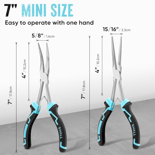 SHALL 7" Long Reach Needle Nose Pliers Set, 2PC Extra Long Nose & Bent Nose Pliers with Comfort Grip Handles, Non-Serrated Mini Pliers for Bending Wire, Jewelry Making, Crafts, Home Repair - size: 2PCS 7"