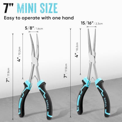 SHALL 7" Long Reach Needle Nose Pliers Set, 2PC Extra Long Nose & Bent Nose Pliers with Comfort Grip Handles, Non-Serrated Mini Pliers for Bending Wire, Jewelry Making, Crafts, Home Repair - size: 2PCS 7"