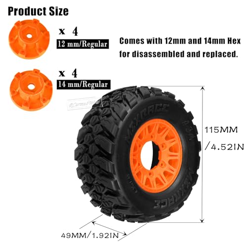 RC 12mm/14mm Hex RC Wheels and Tires for 1/10 Slash 2WD 4×4 4wd,Senton Axia1 Red cat Rc 4wd,Rc Truck Tires Snow Tires Desert Tires,4PCS,Orange - color: Orange(4pcs)