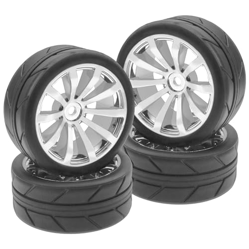 ShareGoo OD 2.55" Rubber Tires w/Plastic Wheel Rims 12mm Hex Compatible with HSP Tamiya Kyosho Traxxas Sakura WLtoys 1/10 RC On Road Racing Touring Car (Silver) - color: Silver