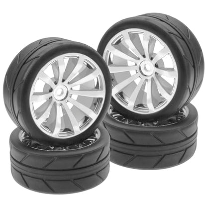 ShareGoo OD 2.55" Rubber Tires w/Plastic Wheel Rims 12mm Hex Compatible with HSP Tamiya Kyosho Traxxas Sakura WLtoys 1/10 RC On Road Racing Touring Car (Silver) - color: Silver