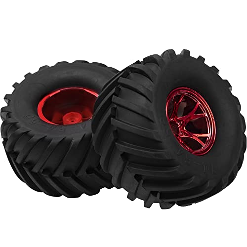 5.31''OD Rubber Tires & Wheel Rim 12mm Hex Hub Compatible with Traxxas Rustler HPI HSP Volcano Tamiya Exceed Himoto 1/10 Off-Road Monster Truck,135mmx73mm (Red) - color: Red