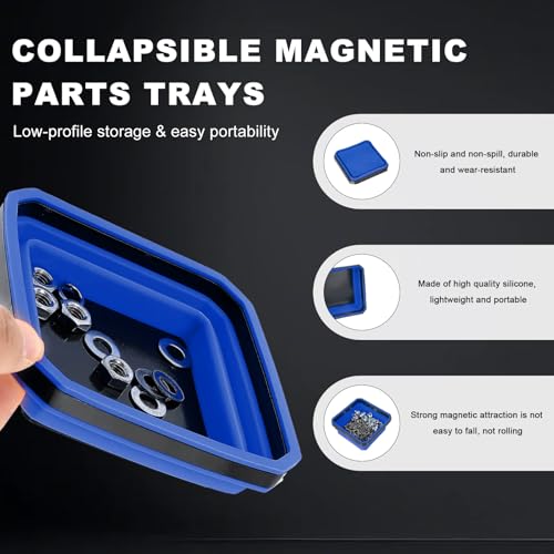Collapsible Magnetic Parts Tray, 4.5" Square Metal Parts Organizer with Dual-Sided Magnetic Base, Foldable Tools Tray Silicone Storage Bowl for Screws Bolts Nuts Washers Pins (Blue) - color: Blue