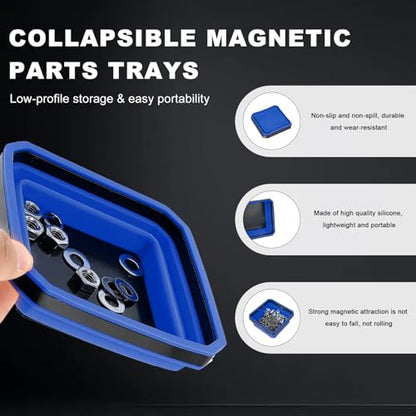 Collapsible Magnetic Parts Tray, 4.5" Square Metal Parts Organizer with Dual-Sided Magnetic Base, Foldable Tools Tray Silicone Storage Bowl for Screws Bolts Nuts Washers Pins (Blue) - color: Blue