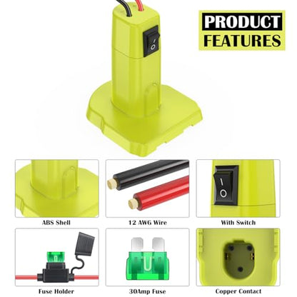 Power Wheels Adapter for Ryobi 18V Battery Adapter Power Wheels Battery Converter Kit with Fuse & Switch and Wire Harness Connector 12AWG Wire for DIY Rc Car Toys and Ride On Truck - size: 1-pack with connector