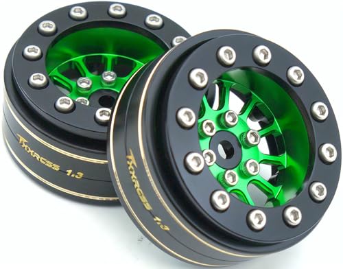 1.3 Beadlock Wheels & Brass Rim 46.5g Offset-3mm for 1/18 1/24 RC TF (Green Black) - color: Green Black