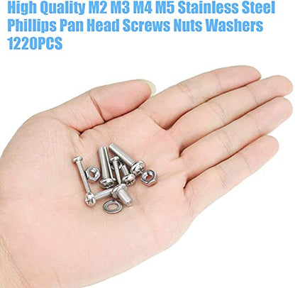 DYWISHKEY 1220 PCS M2 M3 M4 M5, 304 Stainless Steel Phillips Pan Head Screws Nuts Washers Assortment Kit - color: bright silver